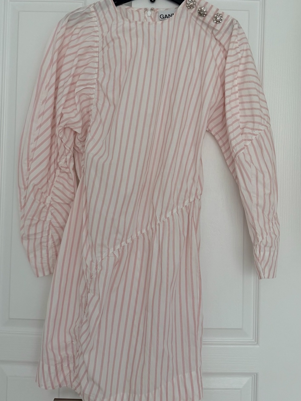 Ganni Pink and White Striped Puff-Sleeve Mini Dress